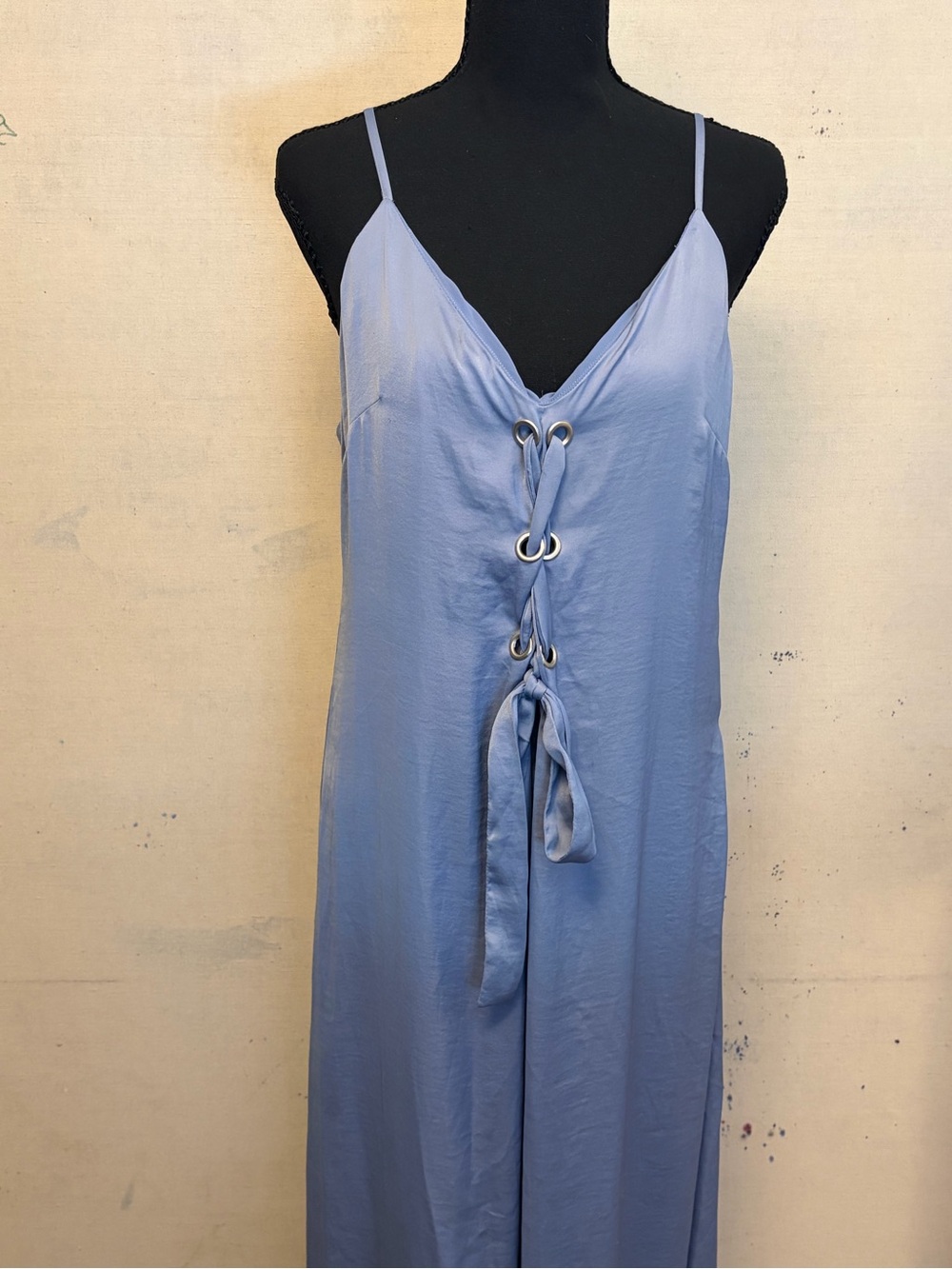 Women’s Light Blue Lace-Up Satin Slip Dress, Size Medium